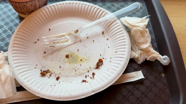 Used cardboard disposable tableware in the form of glasses, plates, forks, napkins after eating on a plastic tray. Public cafeteria. Close-up.