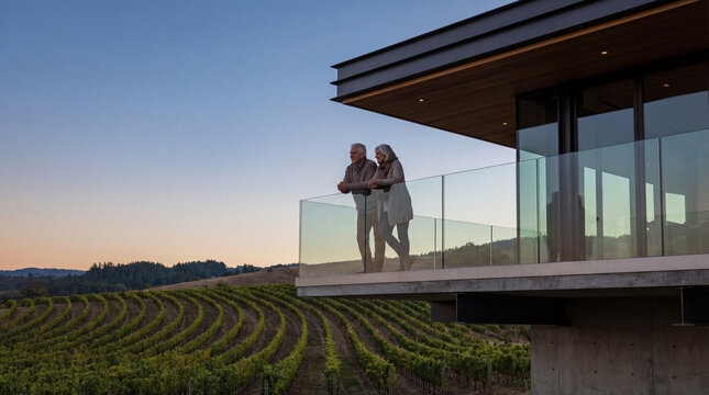 Senior couple leaning on a modern balcony, enjoying a serene sunset over a lush vineyard, embodying tranquility and romance in a picturesque vacation setting. Image made using Generative AI.