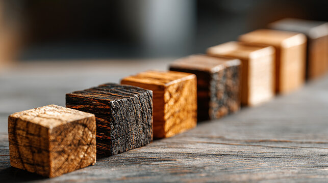 A sharp innovation and change management concept of wooden blocks representing strategy learning workflow and planning arranged in progressive order on minimalist de