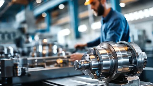 Faceless worker operating lathe with defocused spinning metal in background, precision machining, industrial craftsmanship, metalworking process, with copy space