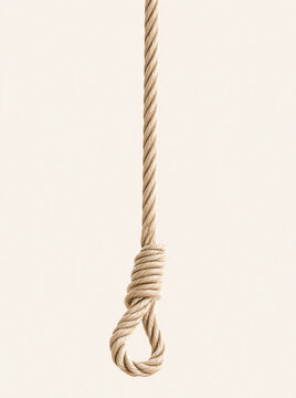 Hangmans noose made of natural hemp rope with a traditional knot, hanging vertically and isolated on a clean white background. Symbol of execution, justice, and despair