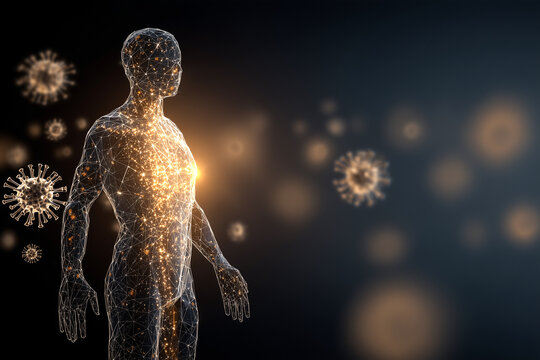 Futuristic visualization of the human immune system fighting viruses. Abstract glowing wireframe body surrounded by virus cells. Concept of health protection, medicine, and science