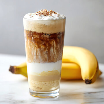 Layered banana coffee latte or frappe in a tall glass with whipped cream and chocolate shavings. Delicious iced beverage on a marble table with fresh yellow bananas on the background