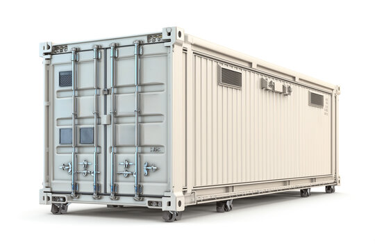 Professional white industrial technical container on wheels isolated on white. Versatile modular unit for energy storage systems, generator housing, or mobile data centers.