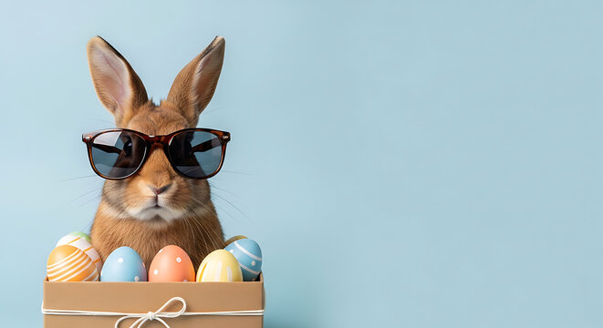 Rabbit wearing sunglasses sitting in a box with Easter eggs on light blue background transparent background