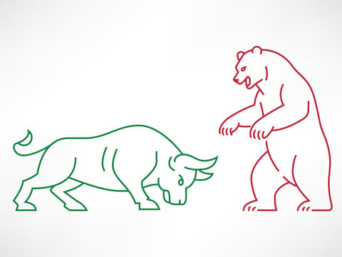 Bull and a bear attack each other. Editable vector line art. Symbolic illustration of a market struggle. Bullish vs bearish market trends in finance.