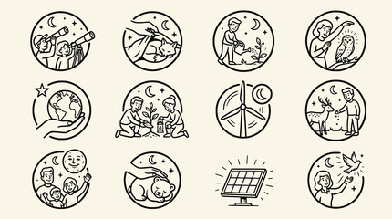 Fototapeta premium Set of circular line icons showing nighttime environmental conservation and sustainable living with people protecting wildlife and using renewable energy