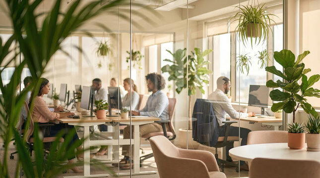 Modern Open Plan Office with Team Working at Computers