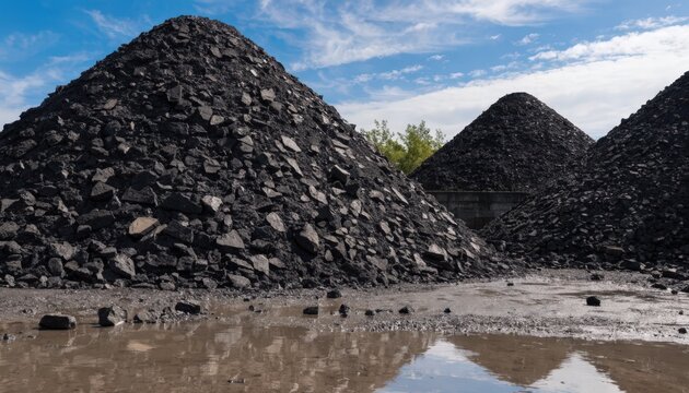 Medium shot of towering piles of crushed slag in an open yard illustrating material storage and preparation for reuse in construction.