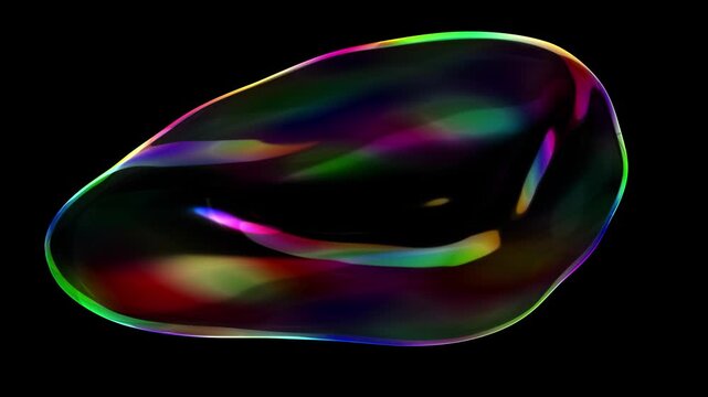 Iridescent soap bubble liquid blob deformed and morphing liquid like in a seamless loop on black background.
