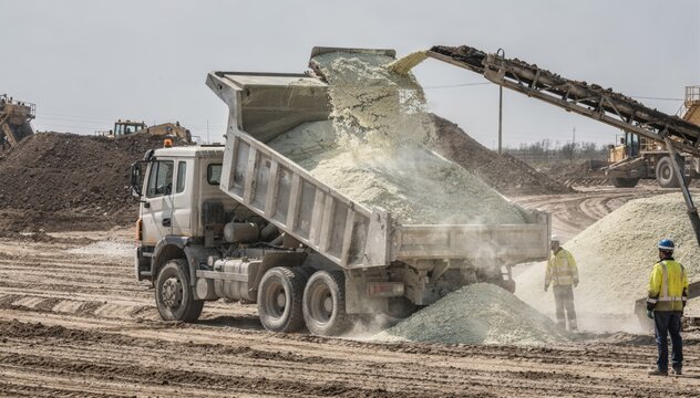 Truck positioned for loading limebased soil stabilizer mixture into dump bed showcasing industrial soil improvement process.