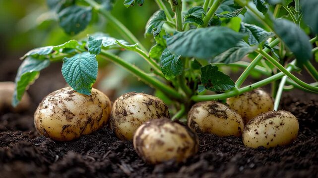 Pile of ripe potatoes on ground in field. Potato plants with tubers in soil. Yellow potato close-up top view. Fresh dirty organic potatoes harvest. Freshly harvested potatoes food farm. Agriculture