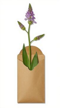 An envelope containing a handwritten note and a purple wildflower, suggesting a personal and thoughtful gift or message.