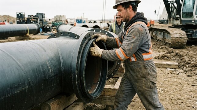 Technician installing large diameter rubber gaskets on cured pipe ends emphasizing strength and durability in heavyduty pipeline assembly.