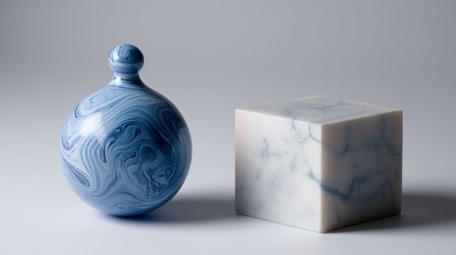 Blue ceramic vase and marble cube on neutral background creating minimalist artistic composition with geometric contrast and soft lighting