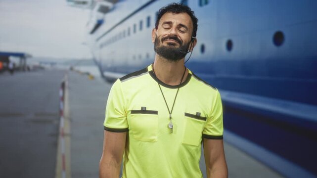 Man in middle age with beard wearing a fluorescent referee shirt, whistle on lanyard and headset, smiling with eyes closed and head tilted at cruise terminal building pier; contentment.