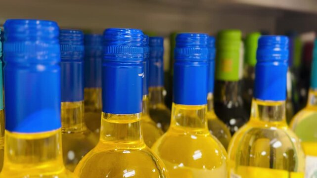Rows white wine bottles blue caps closeup on shelf, golden liquid in clear glass, assorted brands with visible labels, screw top.