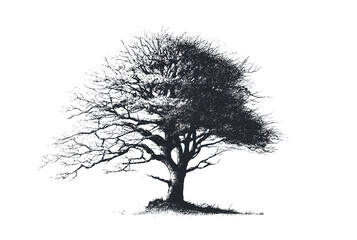 Obraz premium Winter sycamore tree without leaves showing intricate branch network and grass base isolated on white background for seasonal graphics