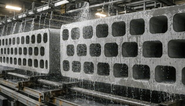 Medium shot of prestressed hollow core slabs being manufactured for residential floors highlighting the lightweight voids and precise concrete curing process.