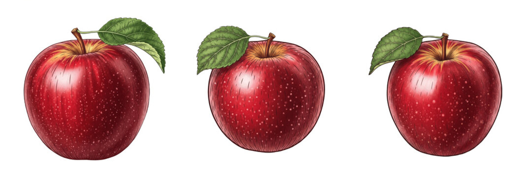 Premium Red Jonathan Apple Illustration Set - Realistic Hand-Drawn Red Apples with Green Leaves, Fresh Fruit Clipart for Grocery Labels, Educational Posters & Organic Health Blogs