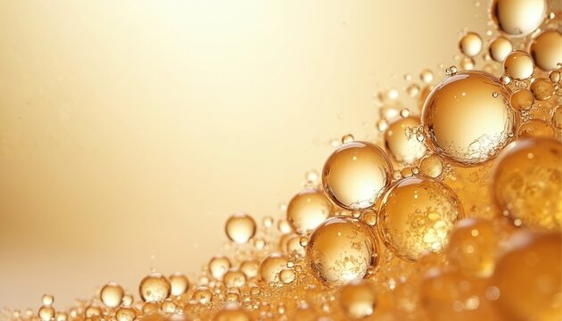 Golden liquid bubbles form abstract pattern. Transparent spheres float in fluid, creating light reflections and soft background. Macro view of oil or water droplets.