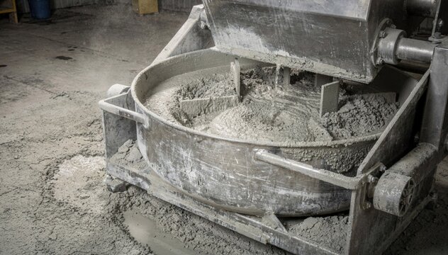 Medium shot of refractory castable mixing station combining dry minerals and water highlighting the lowcement blend preparation for durable monolithic linings.