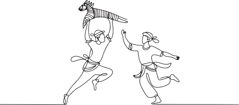 Kuda lumping or jaran kepang dancers traditional. one line icon drawing vector