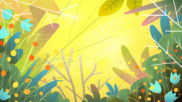 Forest plants and leaves abstract background with bright colors and natural leaves shapes. Nature scene for kids design, education and decor. Vector cartoon illustration hand drawn style for children.