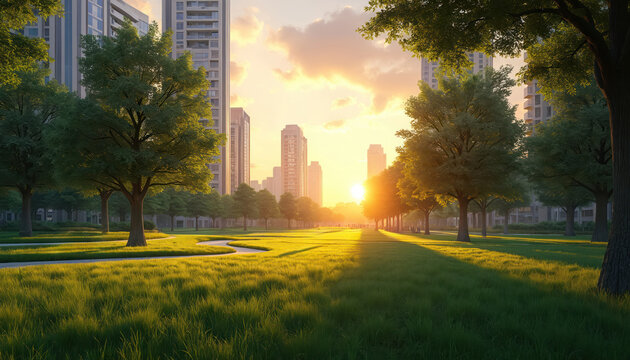 City park with green grass and trees at sunset. Tall buildings stand behind the park. People walk on paths. Warm sun light shines over quiet urban space.