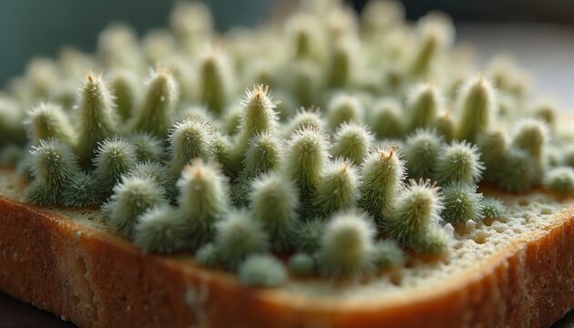 Close-up of fuzzy green mold growth on stale bread slice. Macro view shows tiny spores and fuzzy texture of decay on baked food item. Organic rot spread on surface.