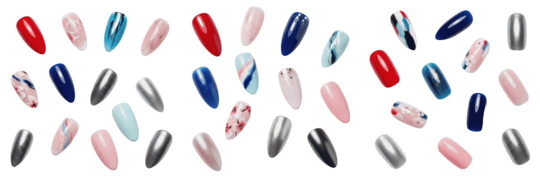 Set Of Three Different Multi Colored Artificial Press On Nails Isolated On Plain White Background