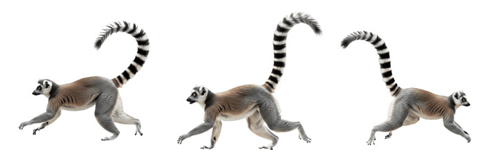 Ring Tailed Lemur Walking Action Pose Set Isolated on Pure White Background for Nature Wildlife Design © AADi