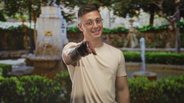 Young blond man wearing glasses and beige tee points finger to camera beside stone fountain in building courtyard, smiling and facing viewer; inviting confidence.
