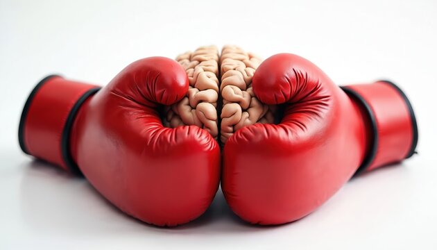 Human brain squeezed between red boxing gloves. Symbolizes mental stress, psychological conflict, and cognitive overload. Represents tough challenges in thinking and decision-making processes.