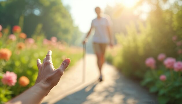 Blurry vision POV simulates cataract effect with yellow tint in a sunny garden pathway. An elderly person with cane walks away, offering help or connection. Nature scene evokes aging health.