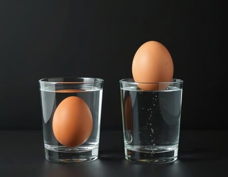 Two eggs in glasses. One egg sinks in clear liquid demonstrating it is fresh. The other egg floats showing it is spoiled. Simple food test.