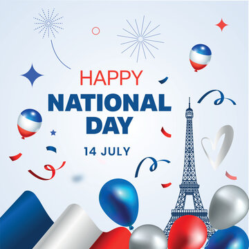 Happy Bastille Day Celebration Design with Balloons and Eiffel Tower