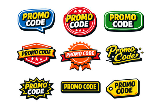 Collection of colorful promo code badges and labels for discounts and offers
