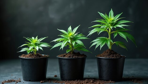 Three cannabis plants grow in black pots on a dark surface. They show different stages of development from small sprout to mature bush. Plants get bigger over time.