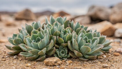 Obraz premium Medium shot of clustered desert succulents with thick waxy leaves in sharp detail contrasted against a softly blurred rocky terrain under diffused daylight.