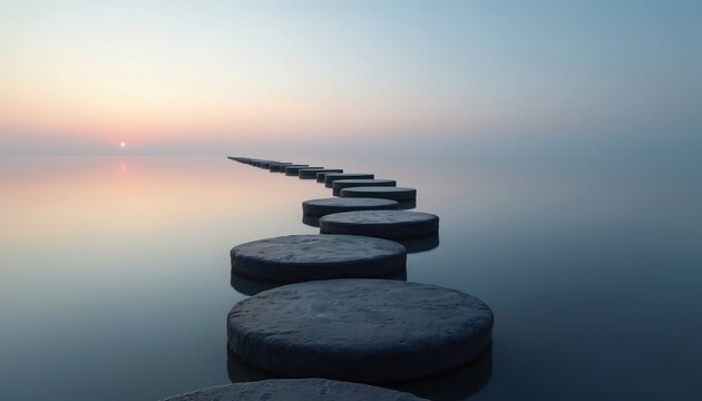 Stepping stones cross calm water surface at sunset. Serene pathway leads toward horizon as sun sets over still ocean. Peaceful journey ahead towards new dawn.