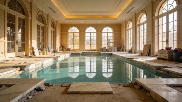Luxury Residence Indoor Pool Under Construction with Marble Coping and Tall Arched Window Elegance
