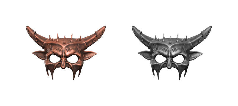 Bronze and metal demon bull masks isolated PNG, fantasy horned face masks for costume and cosplay on transparent background