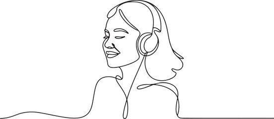 Obraz premium young woman happy listening music melody on headphones earphone object technology entertainment. one line icon drawing vector