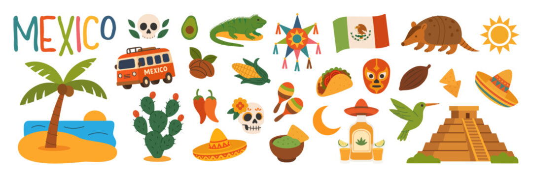 Mexico culture icons collection with food, animals, symbols and traditional festive elements