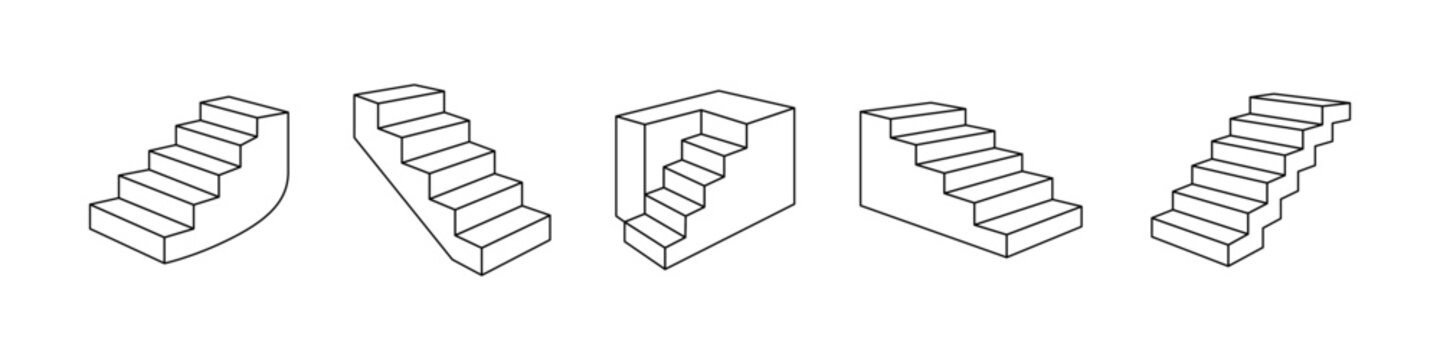Set of 5 outline stair icons. Isometric staircase designs in minimal line art.