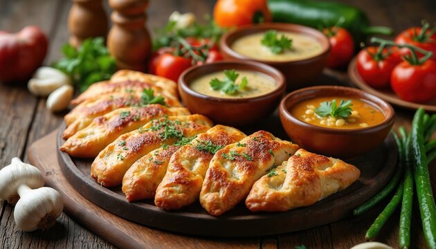 Traditional Georgian dishes Imereti khachapuri khinkali served with kharcho soup and fresh vegetables. Delicious hearty meal prepared with organic ingredients on rustic wooden table.