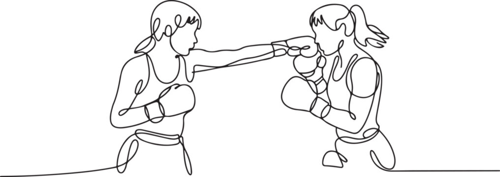 Continuous one line drawing of female boxing player combat . Two Kingboxing woman doing combat training. one line icon drawing vector
