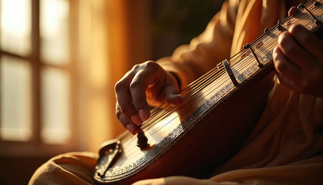 Closeup of hands playing veena string instrument. Warm light from window creates shadows on wooden body. Ethnic Indian classical music performance.