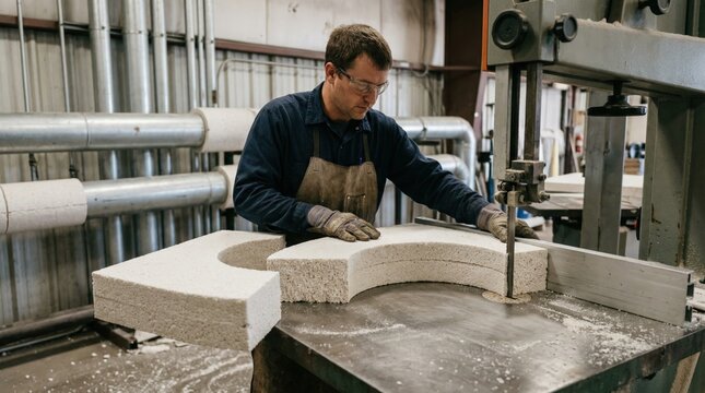 Medium shot of expanded perlite pipe insulation boards being shaped and cut emphasizing precision in protecting industrial piping with durable materials.